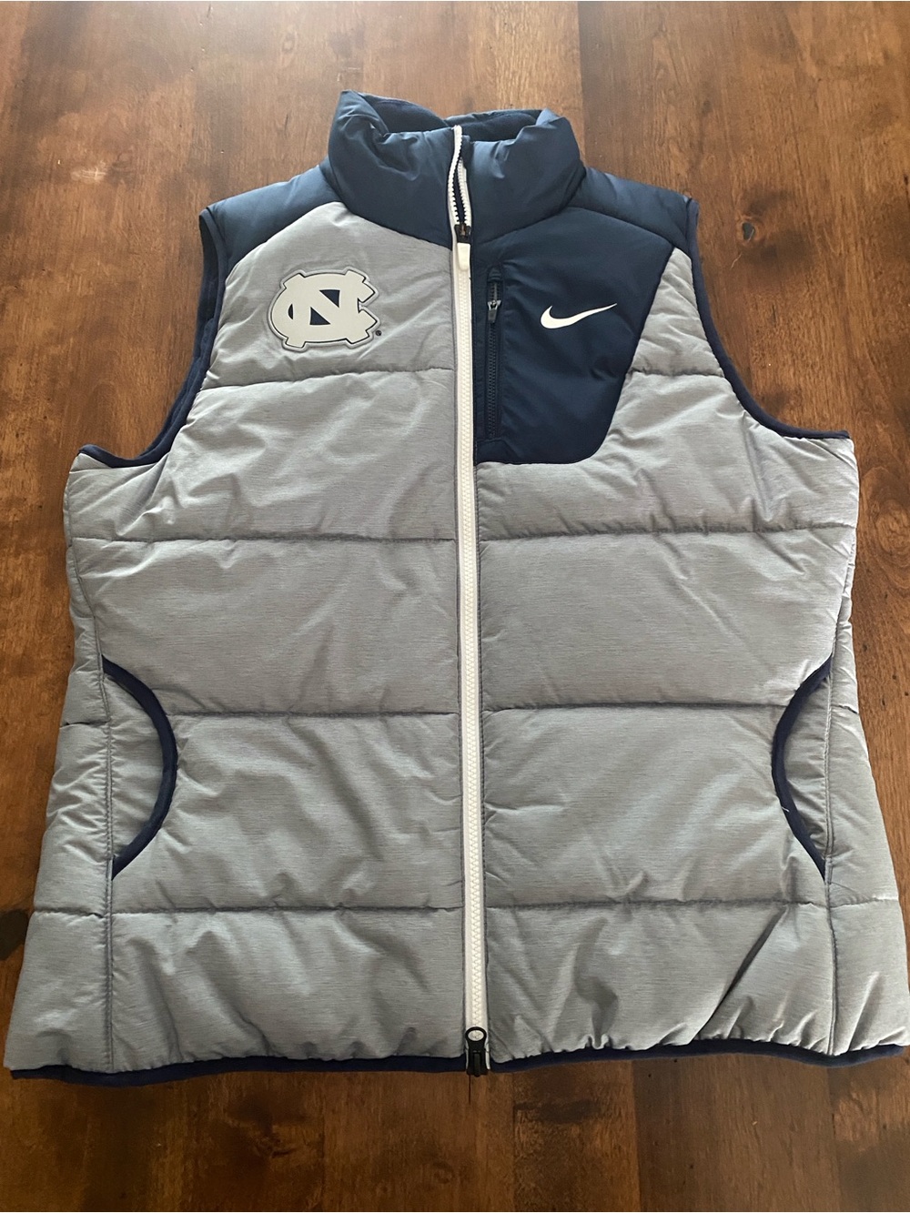 UNC Tar Heels Nike Light Gray and Navy Quilted Puffer Vest